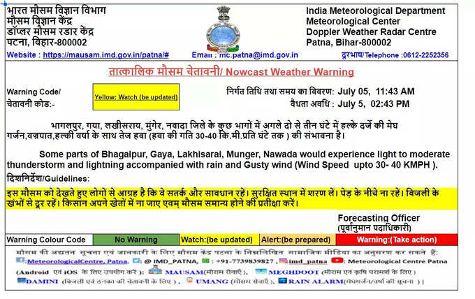 Bihar Rain Alert : भागलपुर समेत 5 जिलों में मौसम विभाग का अलर्ट