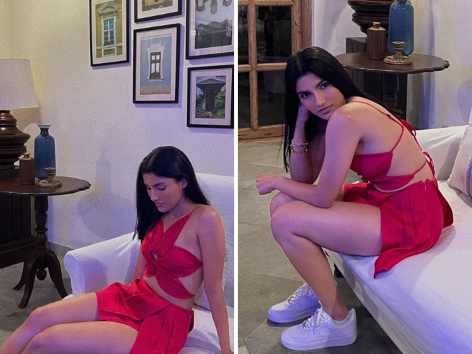 Super hot look in red backless clothes