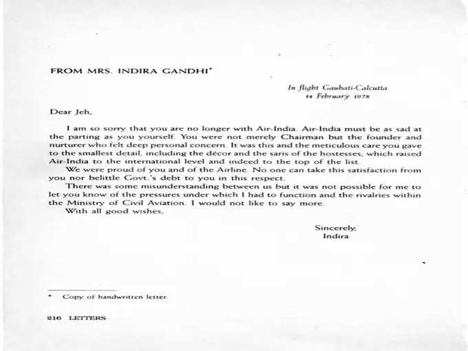 Indira Gandhi Letter to JRD Tata After Being Sacked by Morarji Desai Govt as Air India Chief