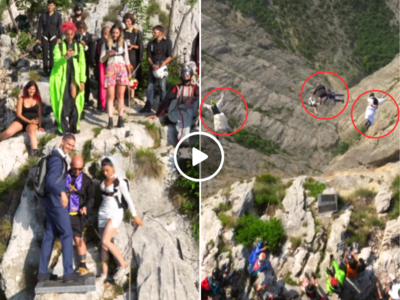 दूल्हा-दुल्हन ने ऊंची चट्टान पर रचाई शादी, फिर मेहमानों के साथ Skydiving कर मनाया जश्न, वीडियो वायरल
