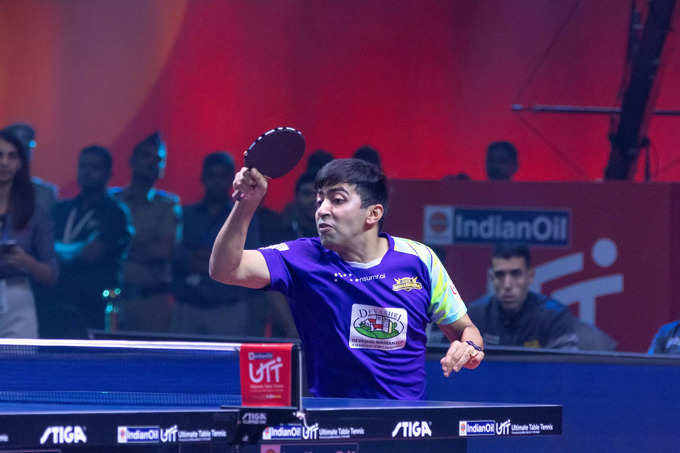 Harmeet Desai of Goa Challengers in action during the Final match of the Ultimate Table Tennis League Season 4 played between Goa Challengers and Chennai Lions