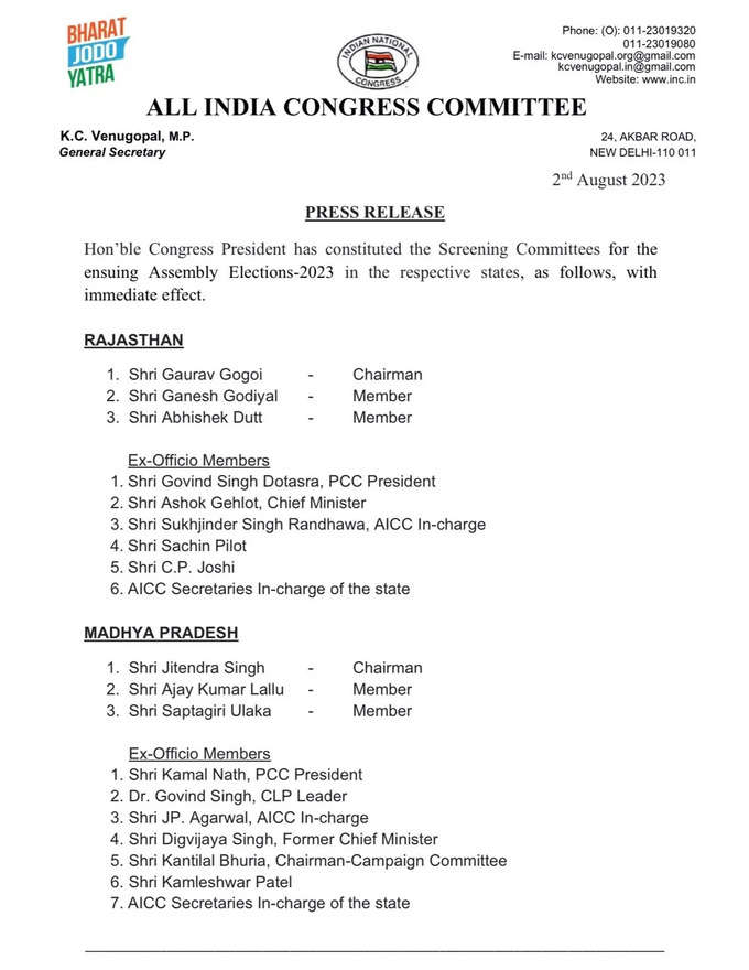Rajasthan Congress Screening Committee list