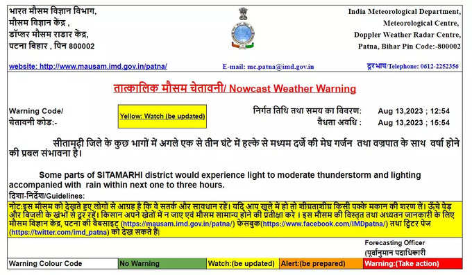 Sitamarhi Rain Alert : सीतामढ़ी जिले के लिए मौसम विभाग का अलर्ट