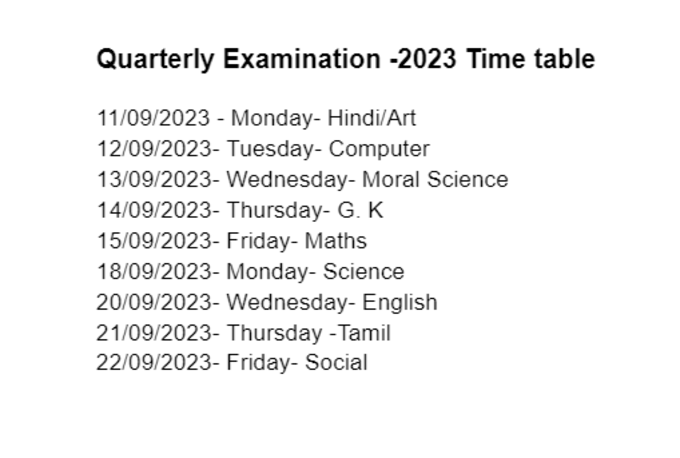 Quarterly Exam Time Table for Private Primary School