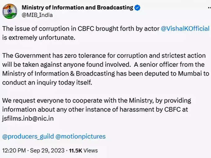 Ministry of Information AND Broadcasting action towards corruption