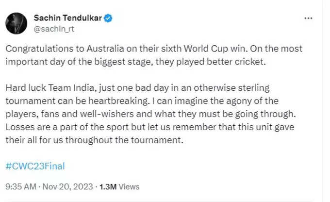 ​सचिन ने ट्वीट कर दी ऑस्ट्रेलिया को बधाई