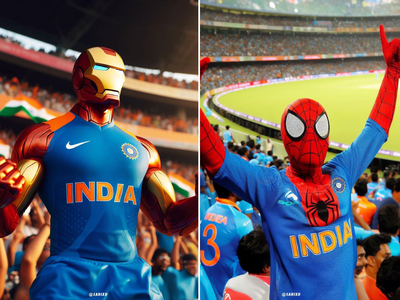 ​Superhero Photos: स्पायडरमॅन आयर्नमॅनने वाढवला भारतीय टीमचा जोश, स्टेडियममध्ये बसून केला असा कल्ला