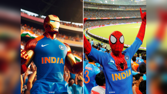 ​Superhero Photos: स्पायडरमॅन आयर्नमॅनने वाढवला भारतीय टीमचा जोश, स्टेडियममध्ये बसून केला असा कल्ला 