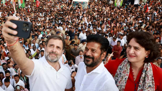 Rahul Gandhi, Revanth Reddy and Priyanka Gandhi.