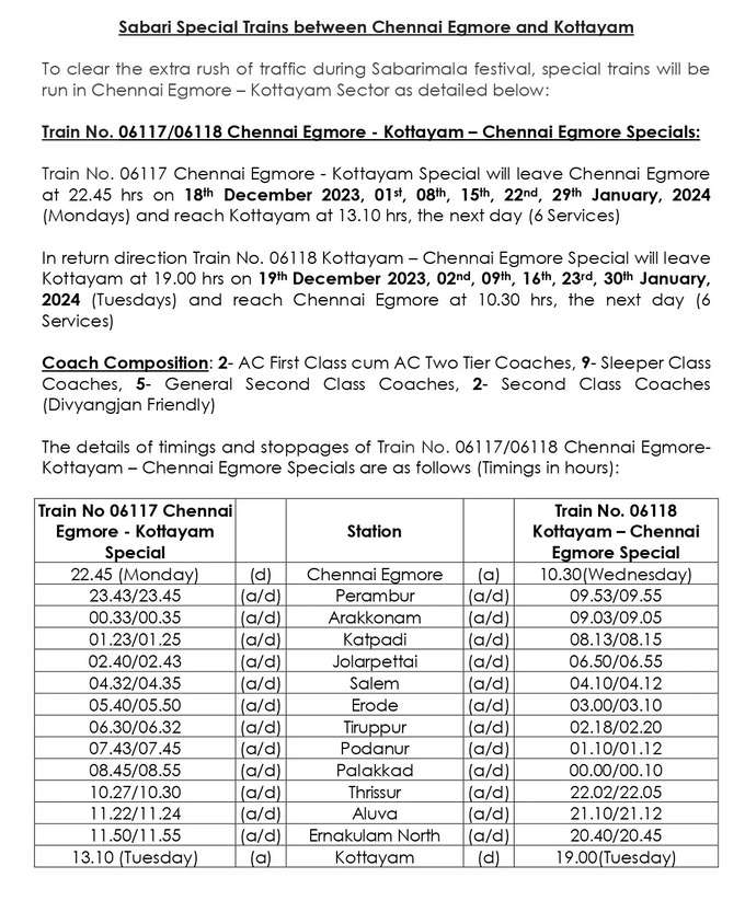 Sabari Special Trains between Chennai Egmore and Kottayam