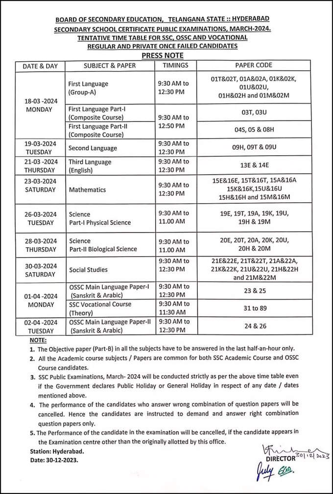 TS 10th exams time table