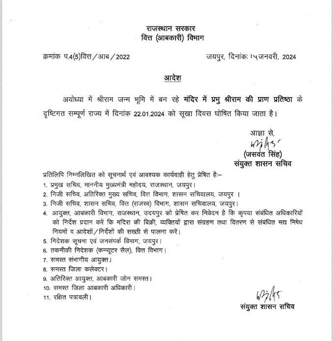 22 जनवरी को राजस्थान में ड्राई डे, भजनलाल सरकार ने जारी किया आदेश