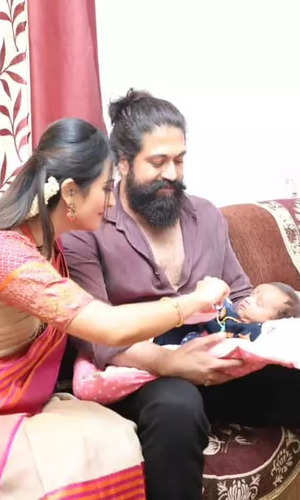 rocking star yash wife radhika pandit visit assistant chetan home to see his baby