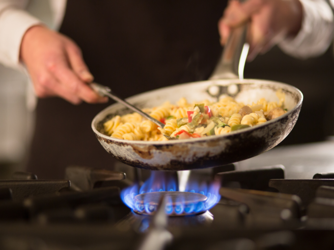 cooking pasta in pan