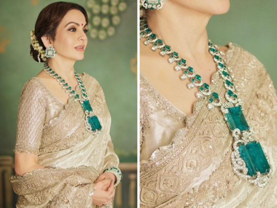 Nita Ambani Emerald Necklace Kanchipuram Sari,नीता अंबानी का गले का हार देख  लगा जोर का झटका, पहना अब तक का सबसे बड़ा पन्ना - nita ambani shocking size  of emerald in the