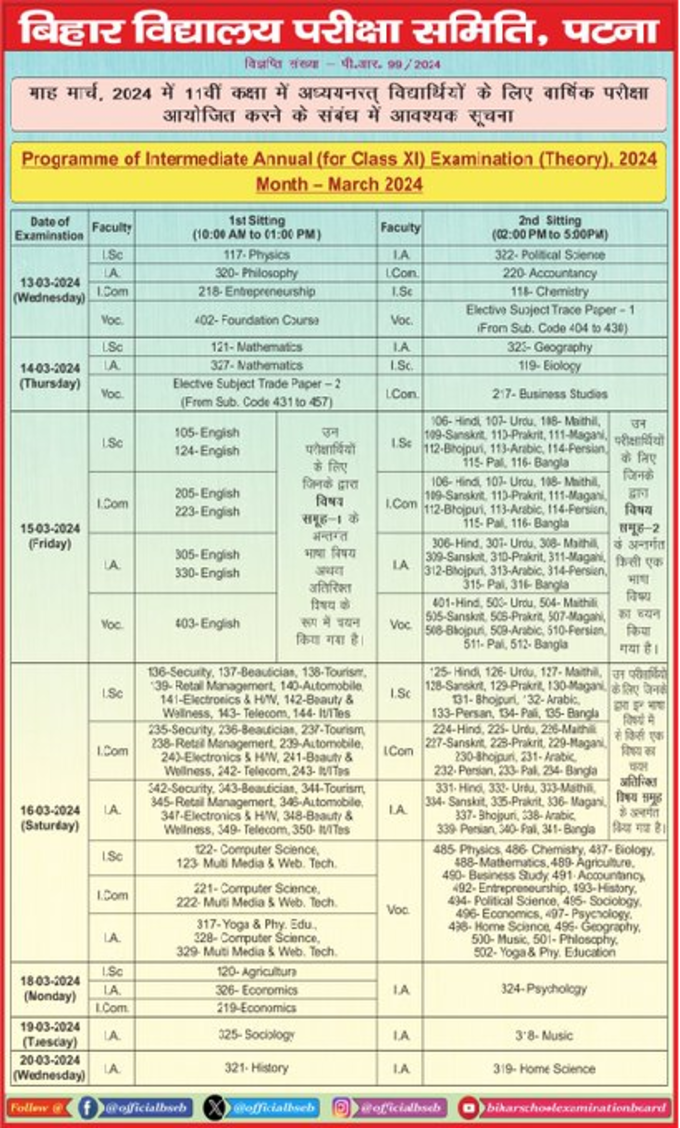 BSEB 11th Time Table