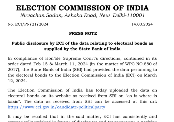भारतीय स्टेट बैंक की ओर से चुनाव आयोग को दिए इलेक्टोरल बॉन्ड के डेटा को आयोग ने अपनी वेबसाइट पर अपलोड कर दिया है।