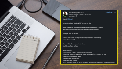‘जूनियर वाइफ’ की खोज में इंजीनियर ने लिंक्डइन पर डाला अजीब Job पोस्ट, लोगों ने कमेंट में खटिया खड़ी कर दी!