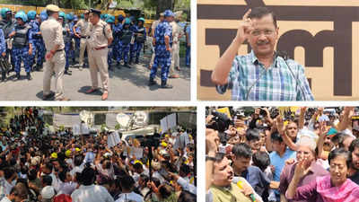 मोदी सरकार के खिलाफ AAP का प्रदर्शन, गिरफ्तारी देने बीजेपी ऑफिस पहुंचे नेताओं को पुलिस ने रोका, देखिए तस्वीरें