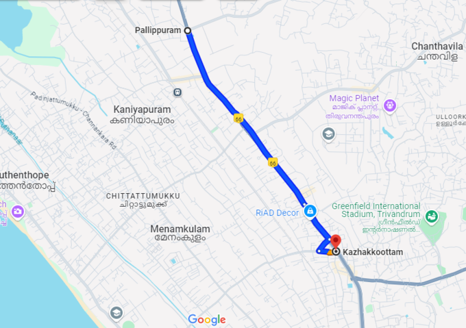 pallipuram trivandrum to kaakootam map