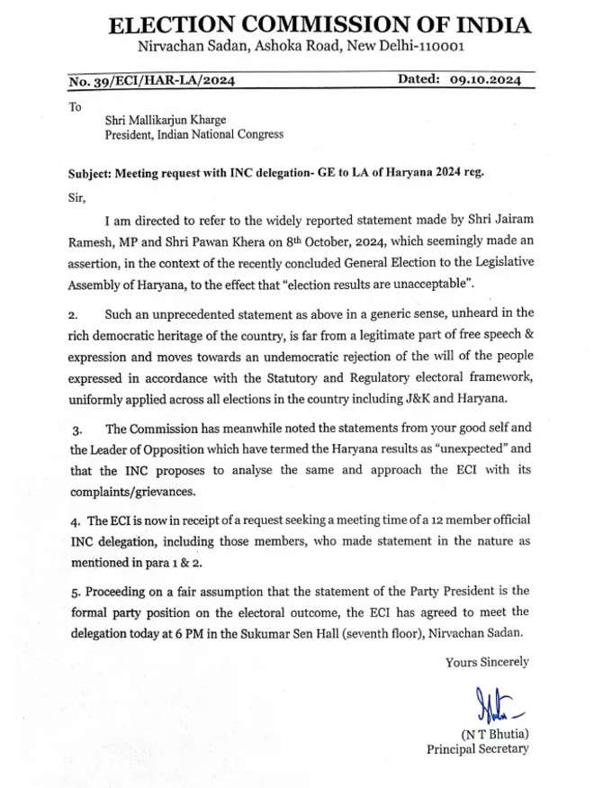 ECI letter To kharge