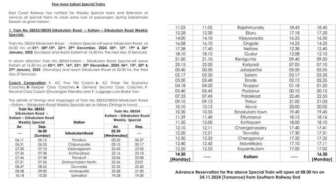 Srikakulam kollam Special train Schedule