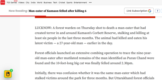 TOI Article on Man Eater fell down