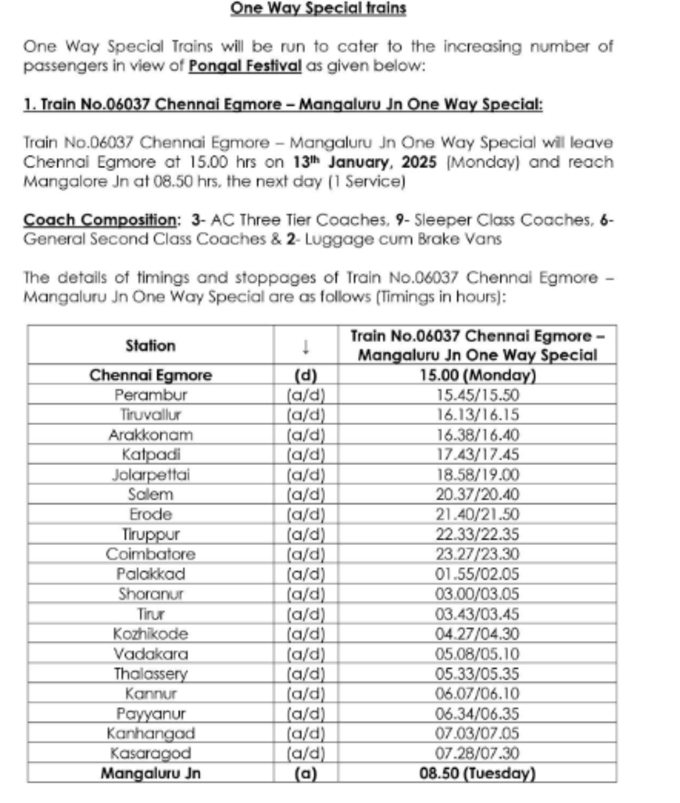 Chennai Egmore – Mangaluru Junction Special Train schedule