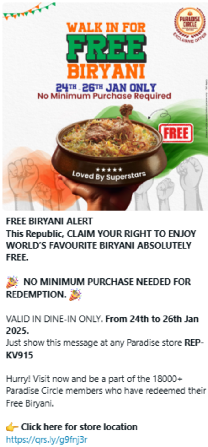 Paradise Free Biryani Offer