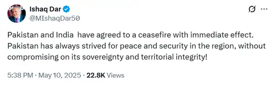 पाकिस्तान के उपप्रधानमंत्री का बयान, बोले- हम तत्काल प्रभाव से युद्ध विराम पर सहमत