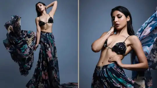 लहंगा साड़ी के साथ शिमरी ब्रालेट लगा कमाल