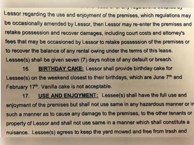 ಮನೆ ಬಾಡಿಗೆ ಒಪ್ಪಂದದಲ್ಲಿ ಮಾಲೀಕನ ಹುಟ್ಟುಹಬ್ಬಕ್ಕೆ ಕೇಕ್!