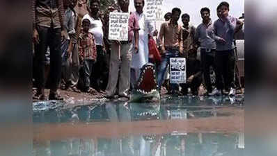 Congress places crocodile inside potholes to symbolise dangerous roads 