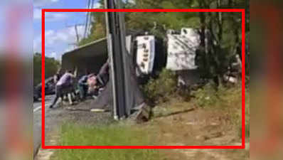 Truck loaded with stones overturns in New Jersey, one rescued 