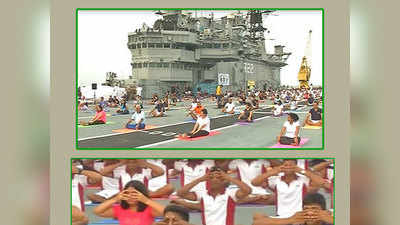 Yoga Day: Navy personnel, families perform asanas atop INS Viraat 
