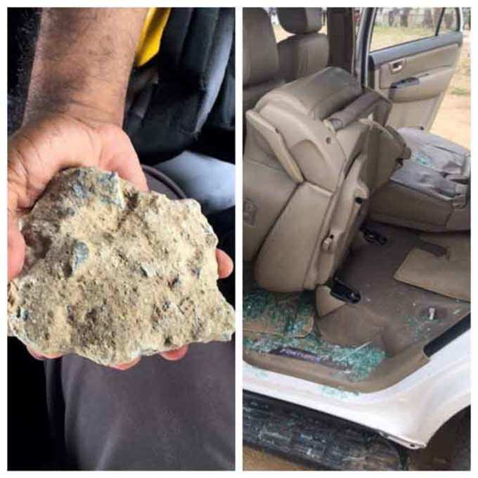 राहुल की कार पर फेंका गया पत्थर। हमले में कार का शीशा टूट गया था।
