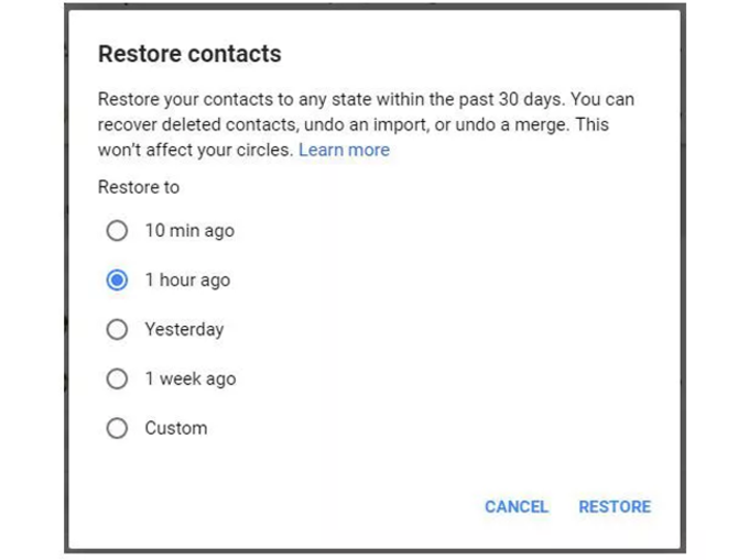 चुनें, कब खोए कॉन्टैक्ट करना चाहते हैं रीस्टोर