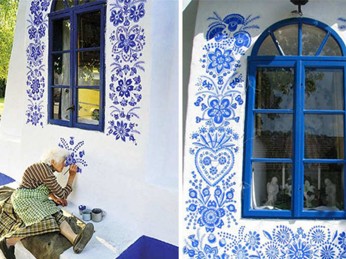 गांव के दीवारों को रंगती हैं नीले रंग से