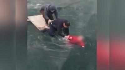 महिला को बचाने के लिए हाथ से तोड़ी नदी में जमी बर्फ, सुरक्षित निकाला