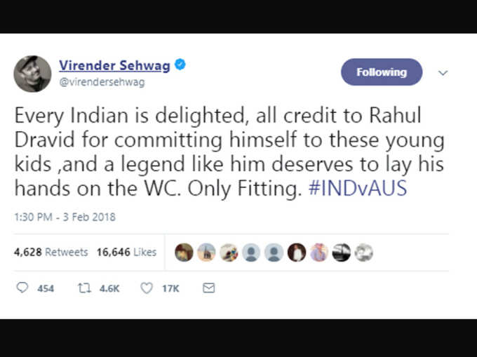 सहवाग ने कोच राहुल द्रविड़ को दिया श्रेय