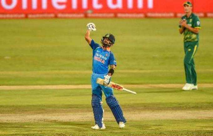 Pretoria: Indian batsman Captain Virat Kohli celebrates after getting his 100 ru...