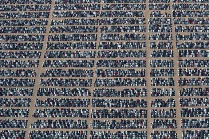 Reacquired Volkswagen and Audi diesel cars sit in a desert graveyard near Victorville