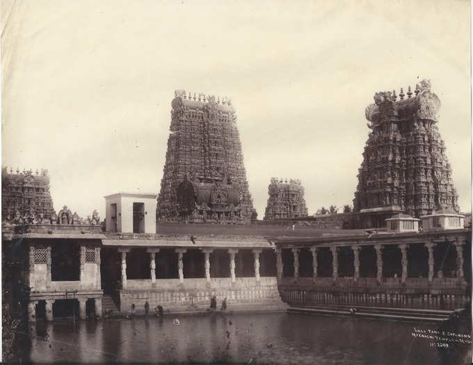 Water Tank and Gopurams of Meenakshi Amman Temple - Madurai Tamil Nadu - 1890s
