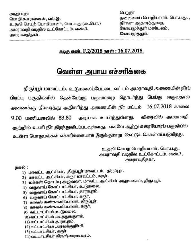 அமராவதி அணையின் கரையோர பகுதிகளுக்கு வெள்ள அபாய எச்சரிக்கை!!