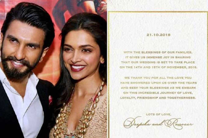 Ranveer Singh and Deepika Padukone reveal the date of their wedding! See the invitation letter