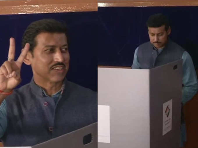 केंद्रीय मंत्री राज्यवर्धन सिंह राठौड़ ने जयपुर के वैशाली नगर में वोट डाला।