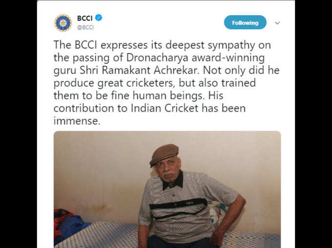  भारतीय क्रिकेट में आचरेकर का योगदान अतुलनीय: BCCI