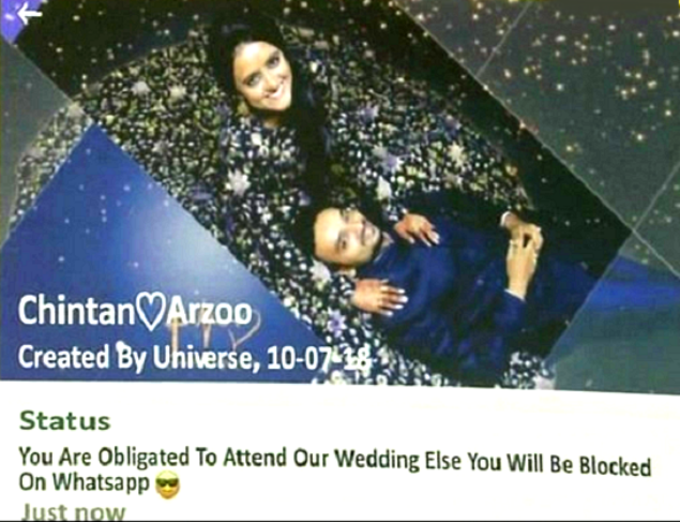 Gujarati couple designs quirky WhatsApp-themed wedding card