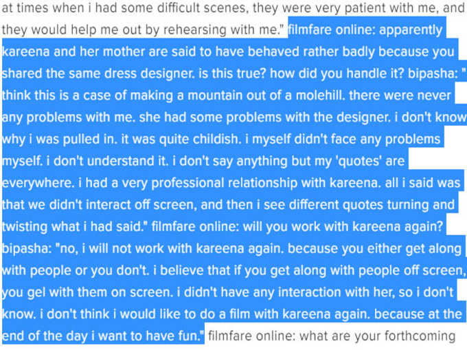 2001 में फिल्मफेयर को दिए इंटरव्यू में बिपाशा का स्टेटमेंट