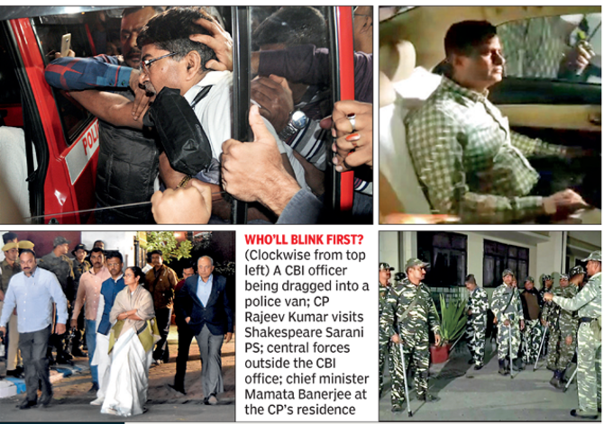 सीबीआई अधिकारी को ले जाती पुलिस, राजीव कुमार, ममता बनर्जी और सुरक्षा में तैनात केंद्रीय बल